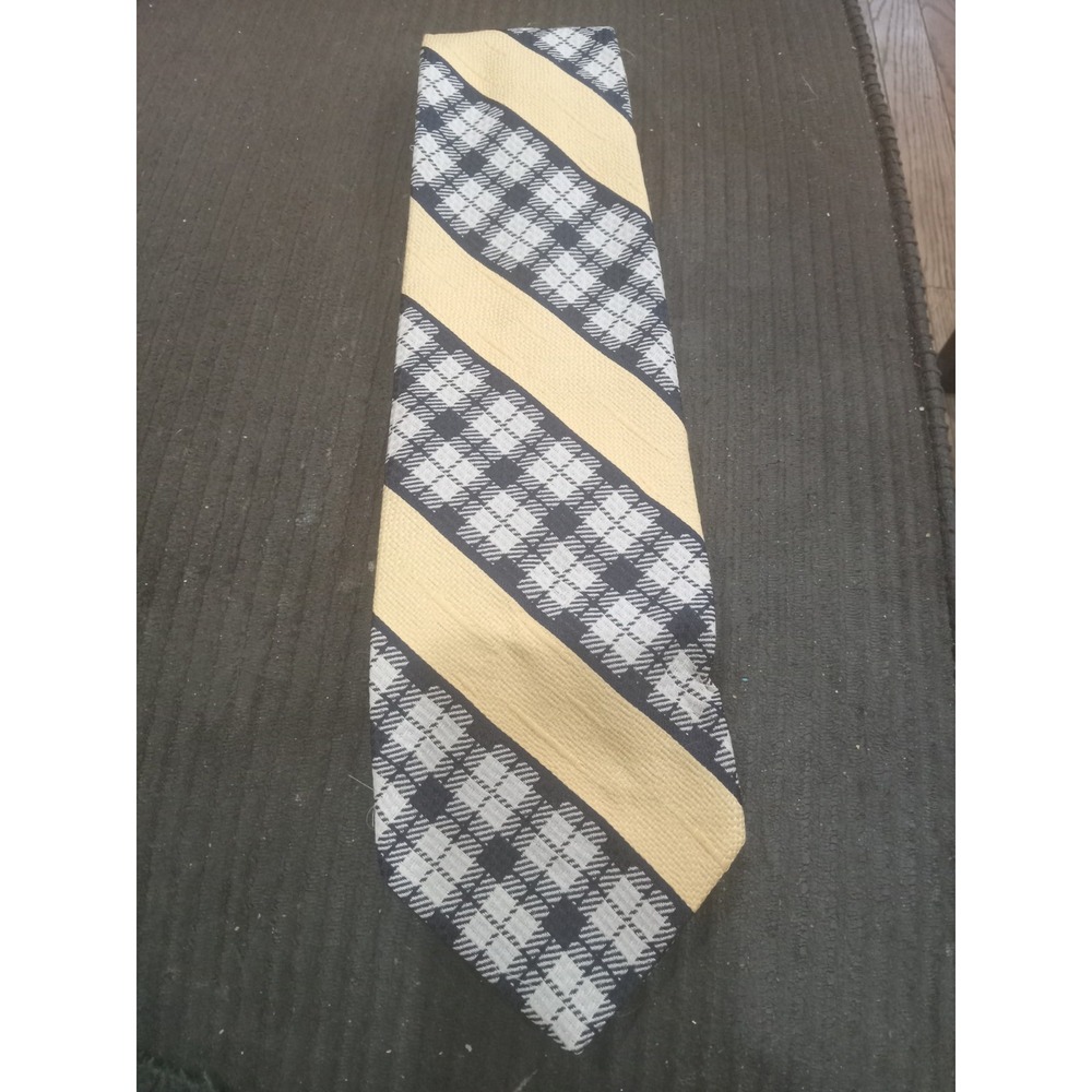 Vintage 60s 70s Men's Tie‎ Yellow & Blue Checkered Stripe Montgomery Ward